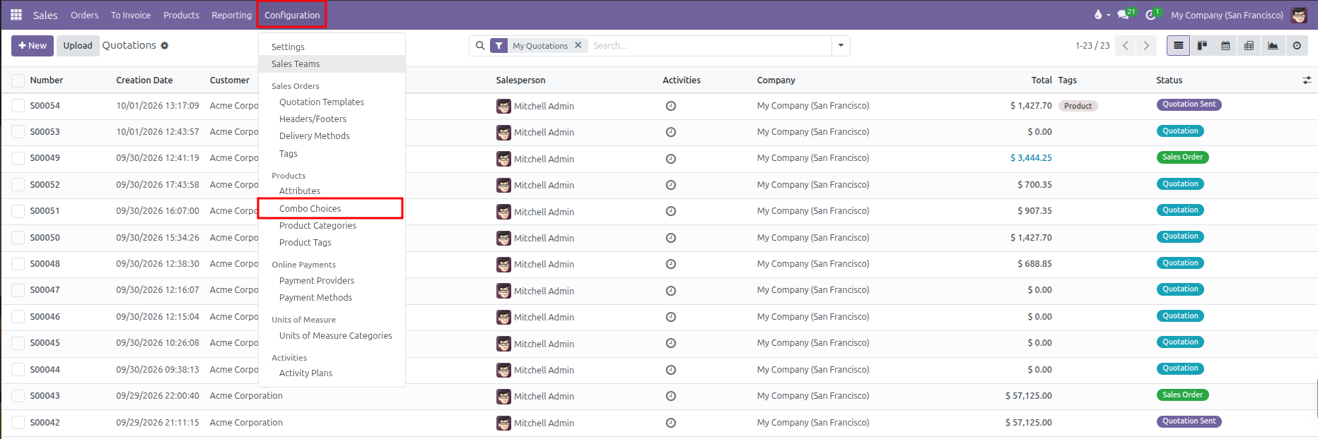 Configuration menu dropdown showing Combo Choices highlighted under Products