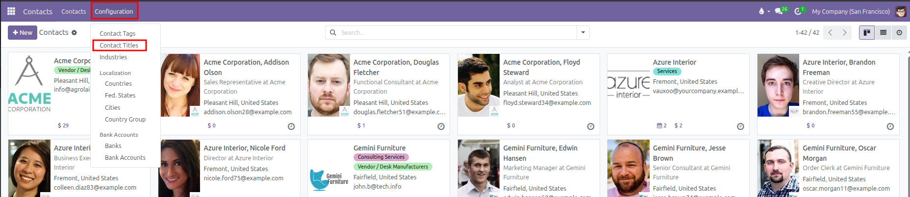 Configuration menu dropdown showing Contact Titles highlighted