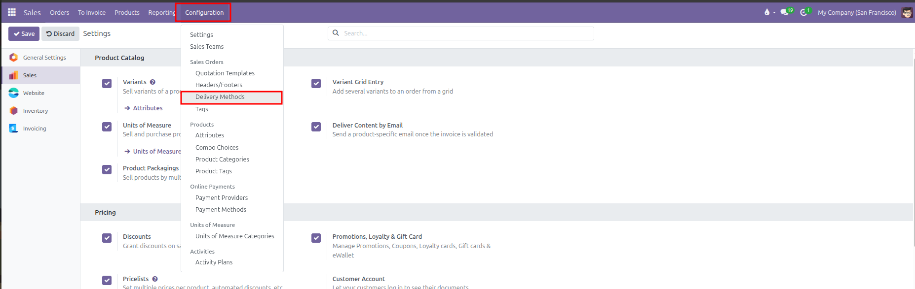 Sales Configuration dropdown menu showing Delivery Methods under Sales Orders