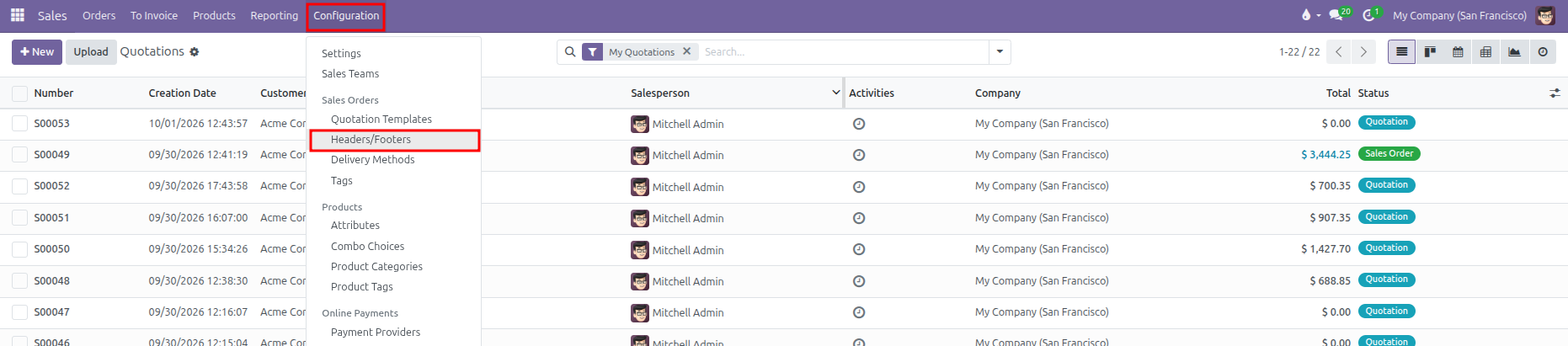 Configuration menu dropdown showing Headers/Footers highlighted