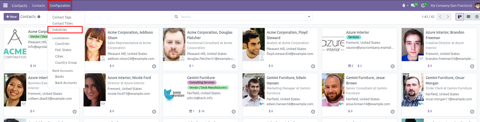 Configuration menu dropdown showing Industries highlighted