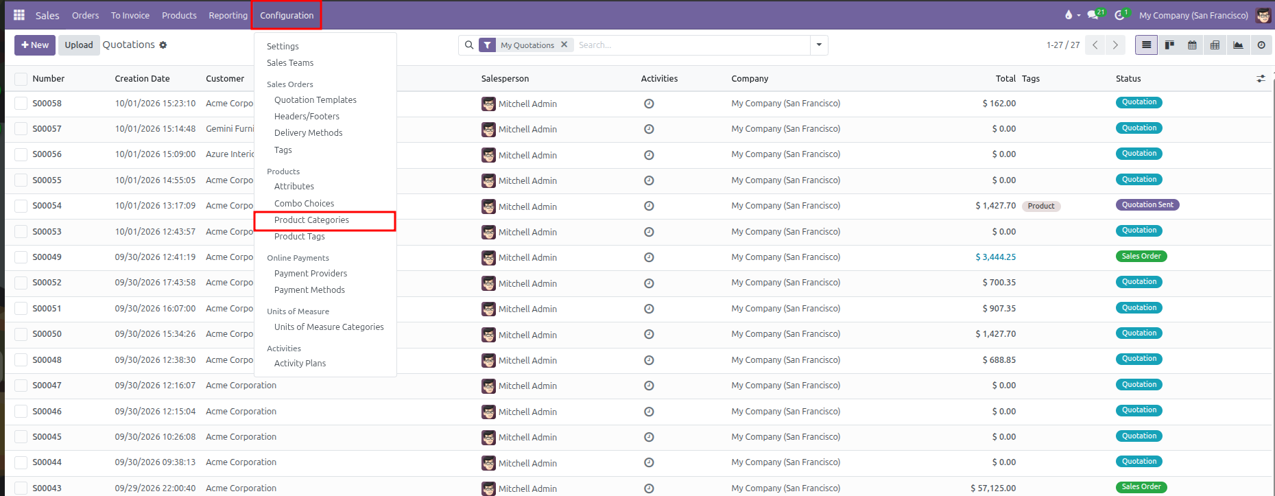 Configuration menu dropdown showing Product Categories highlighted under Products