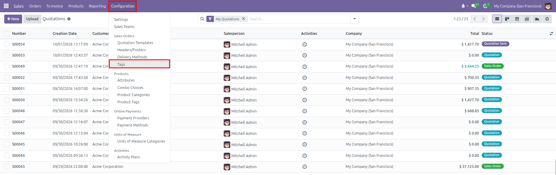 Configuration menu dropdown showing Tags highlighted under Sales Orders
