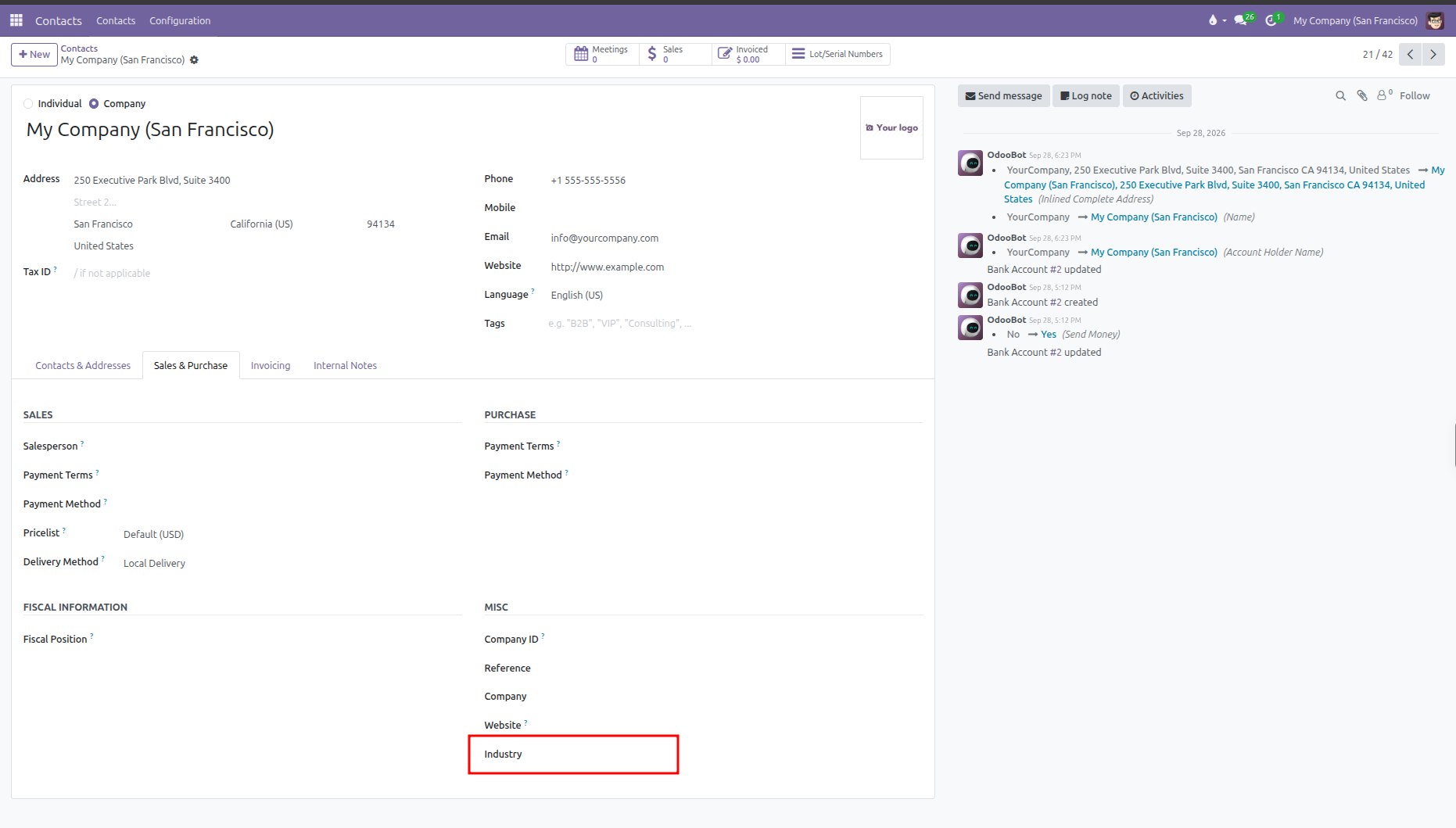 Company contact form Sales and Purchase tab showing Industry field highlighted