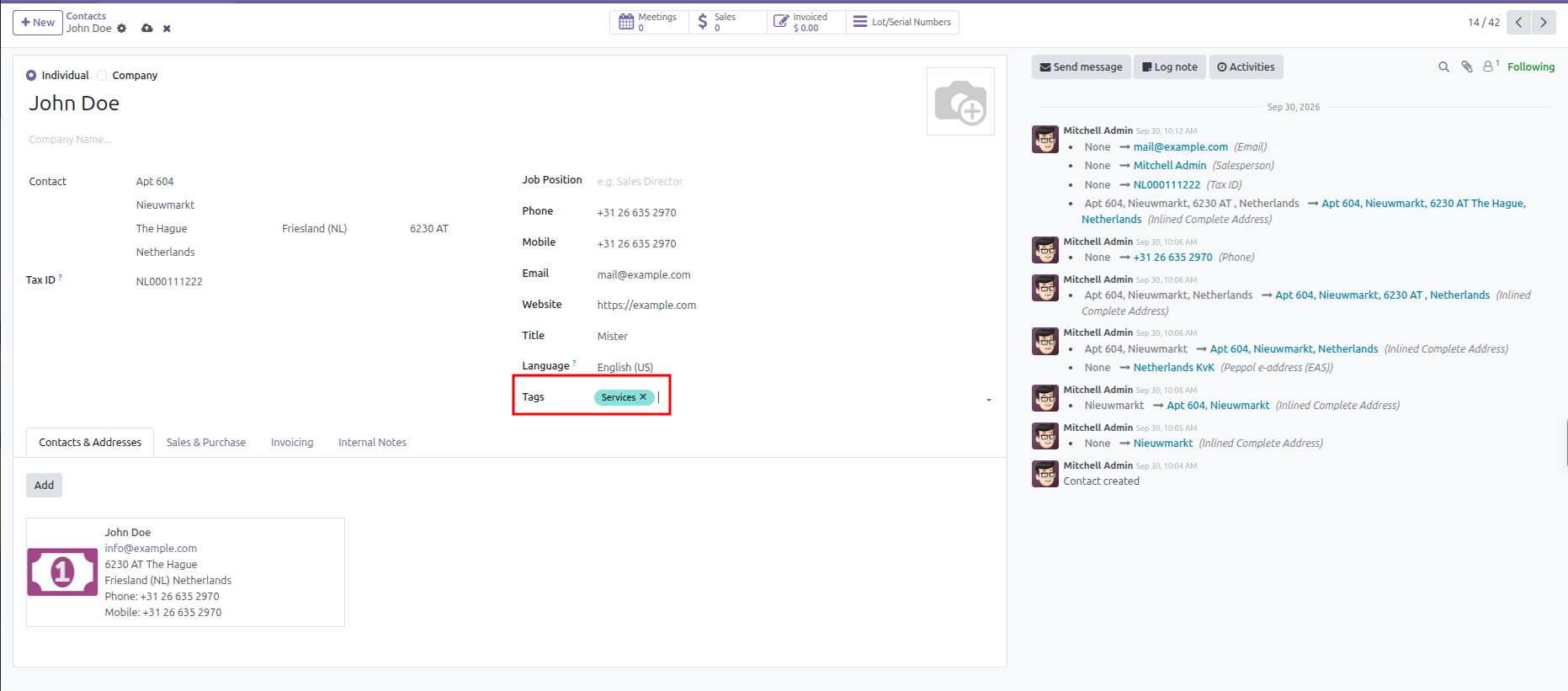 Contact form showing Tags field with assigned badge