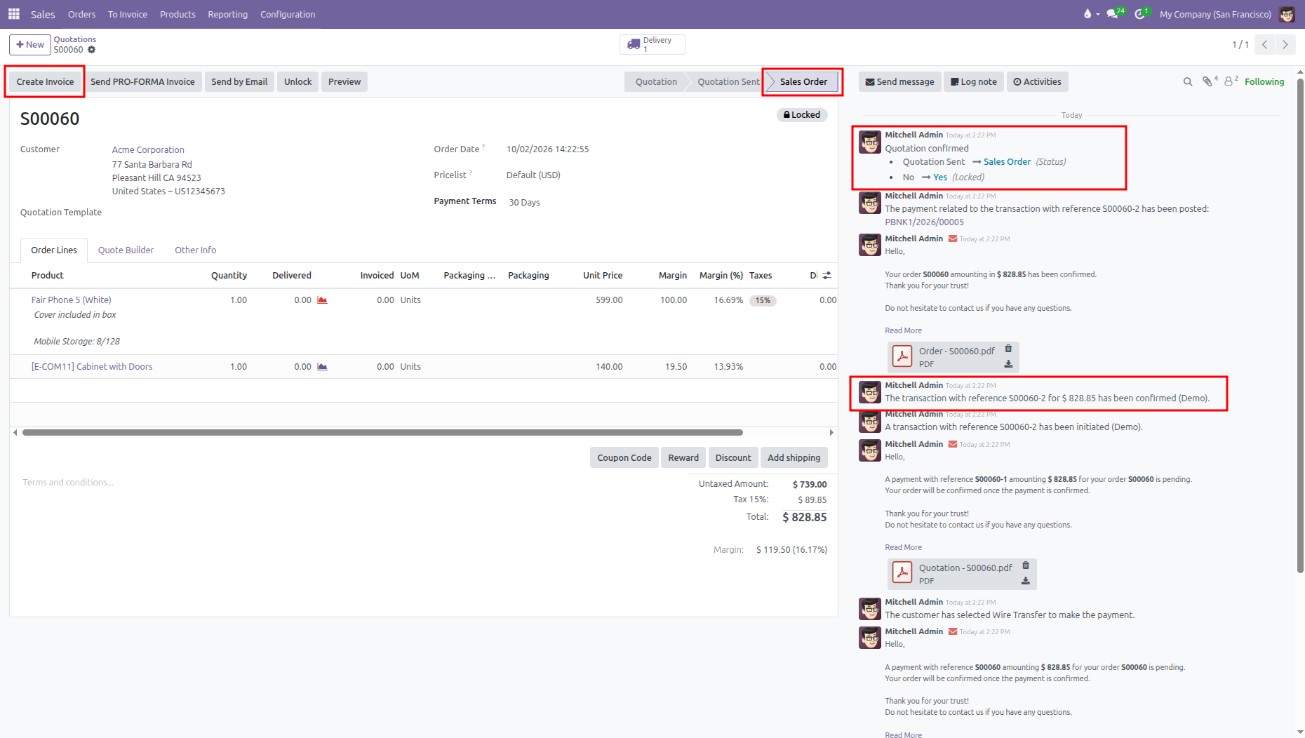 Backend confirmed sales order showing locked status, invoice generation, and chatter audit trail