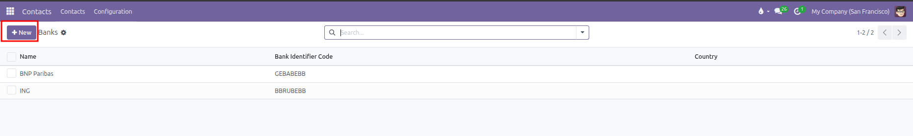 Banks list view with New button highlighted