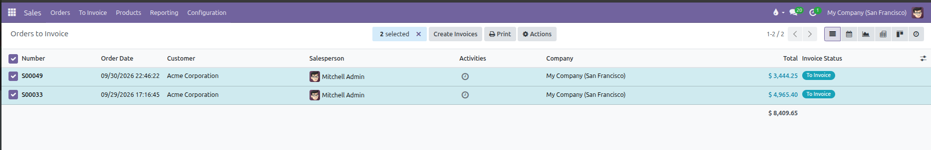 Orders to Invoice list view showing multiple selected orders and Create Invoices button