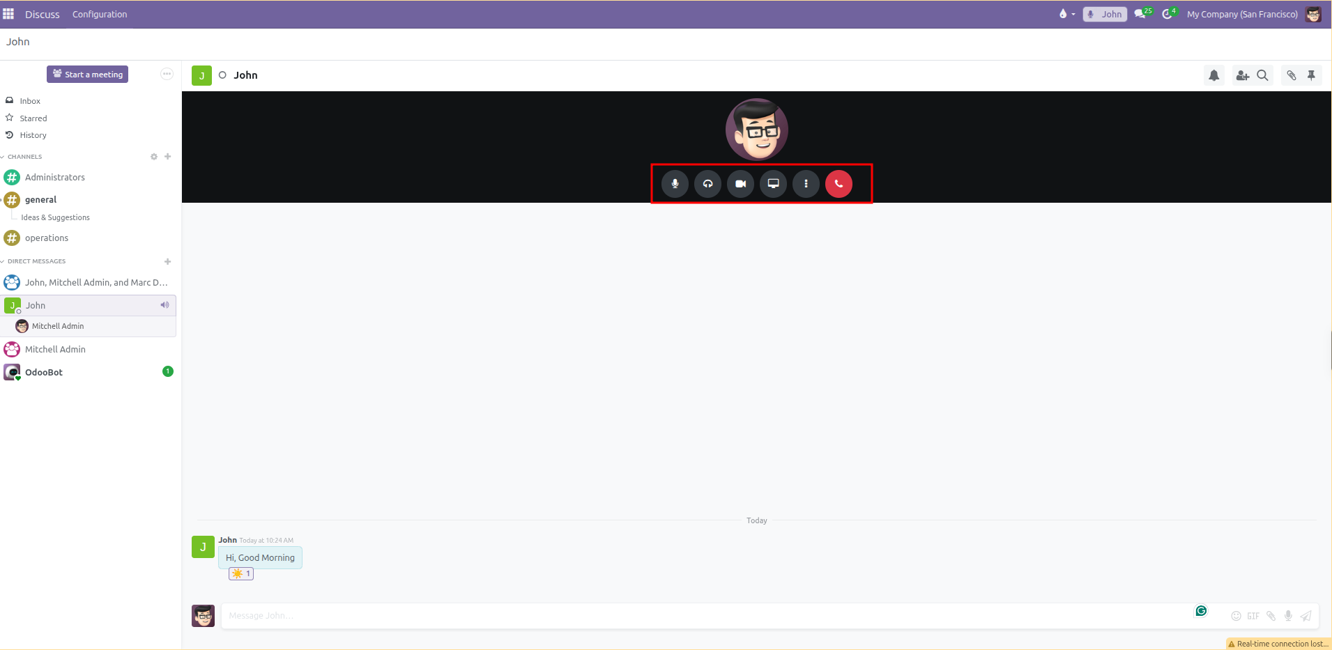 Active call bottom controls toolbar showing mute, deafen, camera, screen share, and hang up