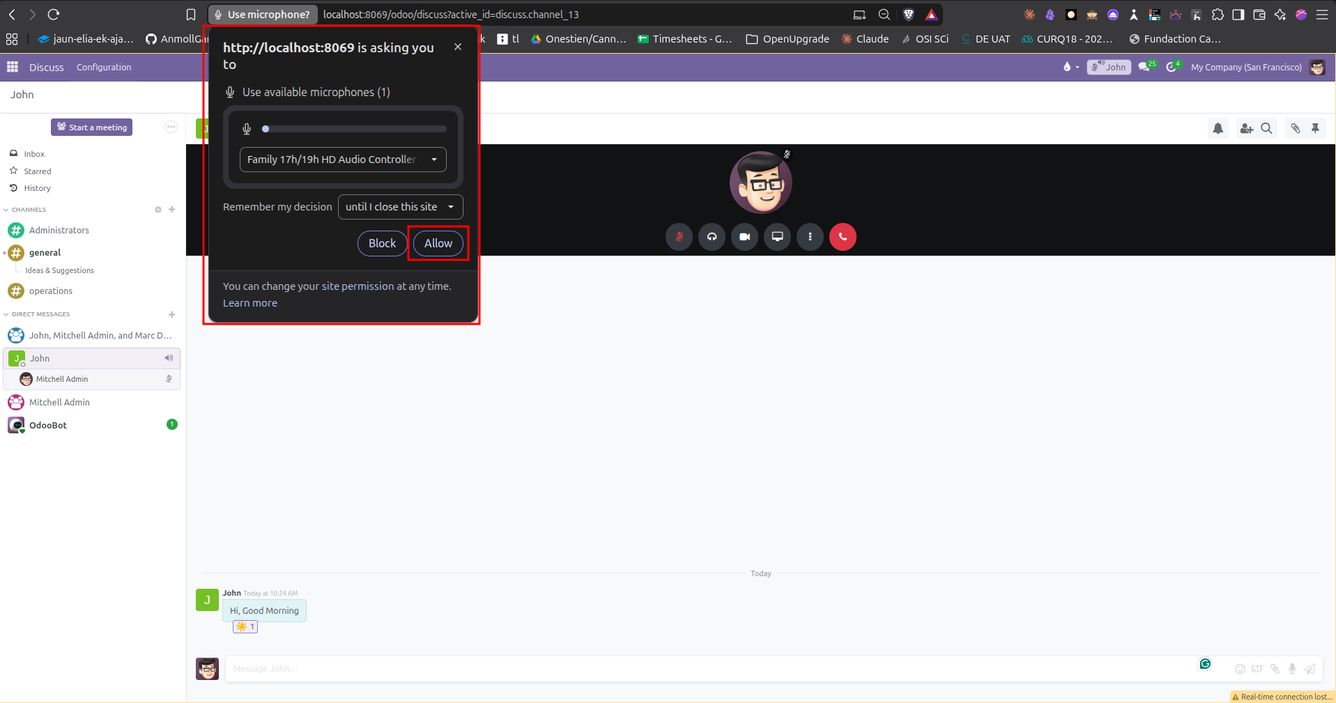 Web browser audio device permission prompt showing microphone selection and Allow button