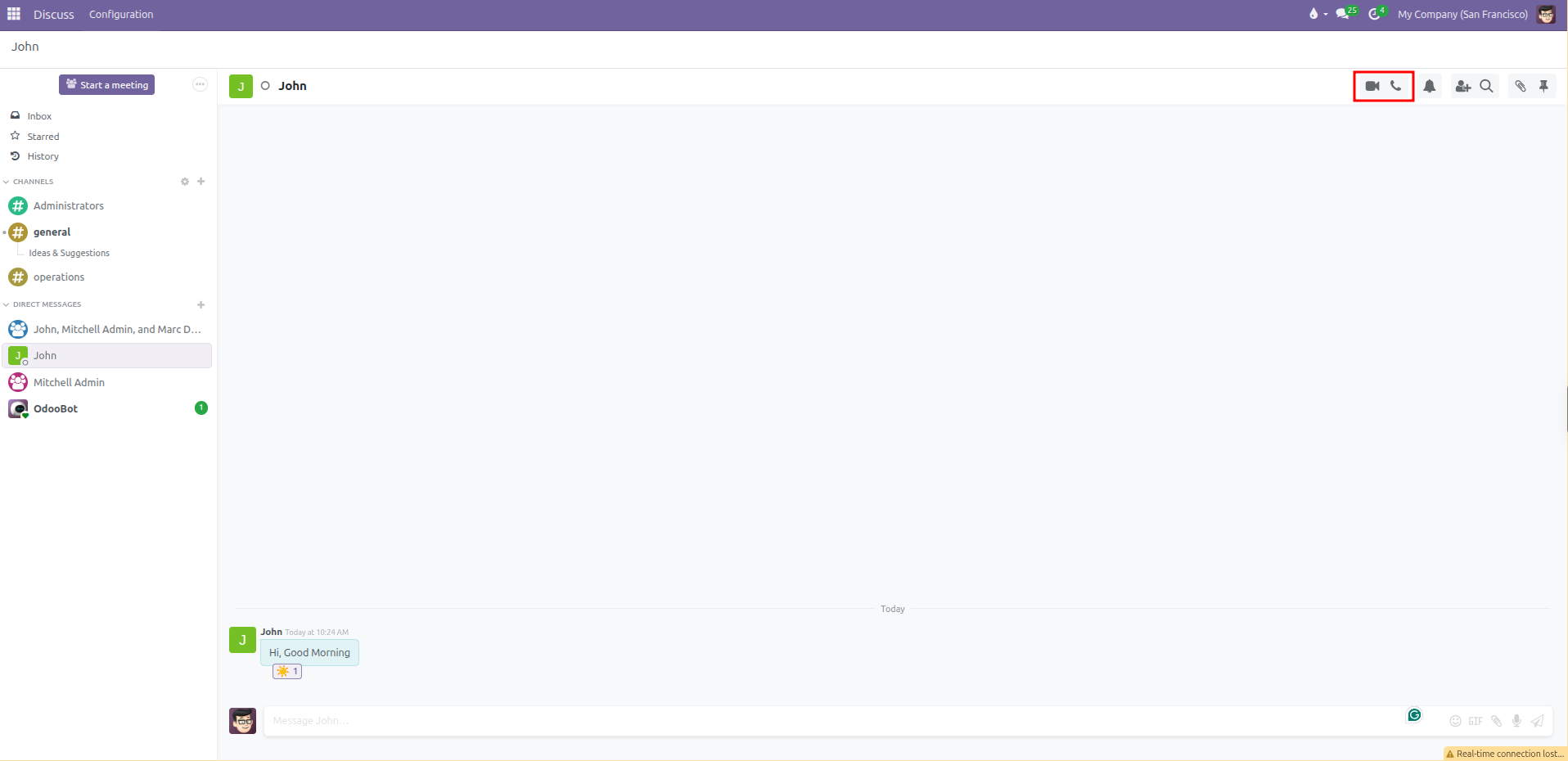 Top toolbar in the conversation header showing the video call and phone call icons