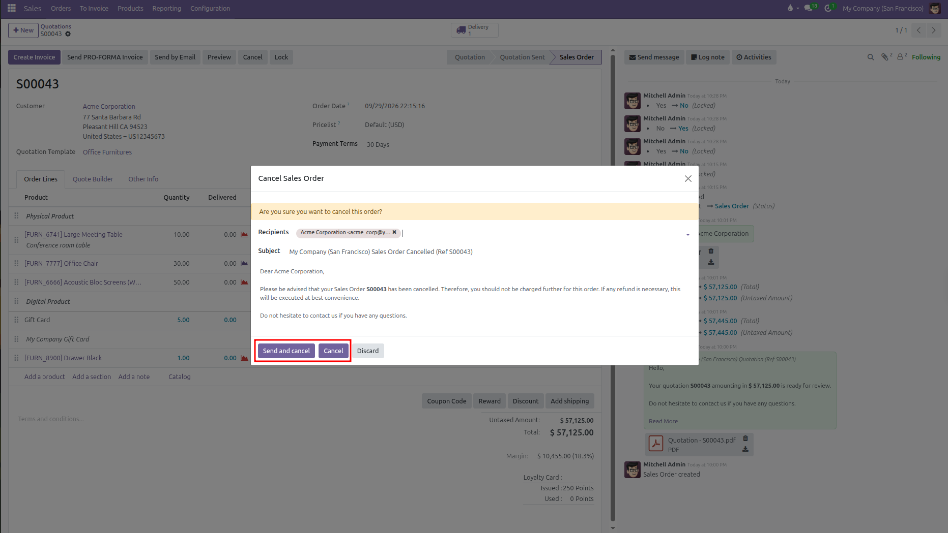 Cancel sales order pop up window