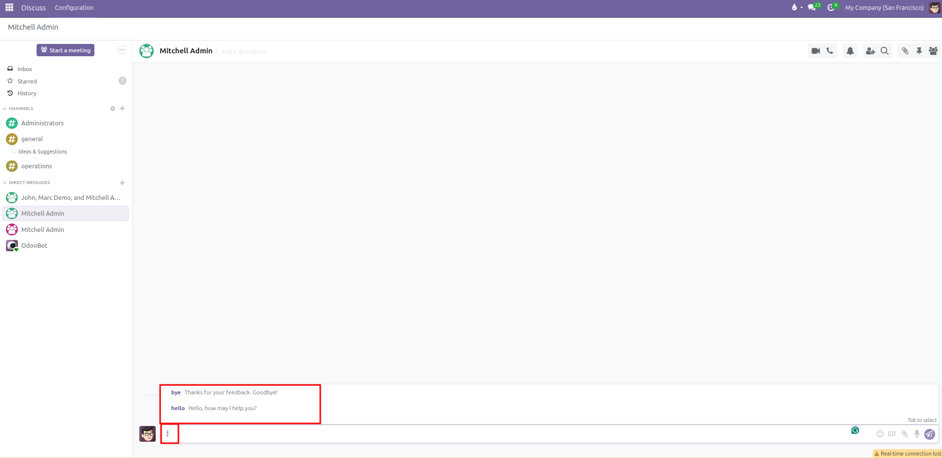 Chat composer showing colon trigger and canned response autocomplete suggestion list