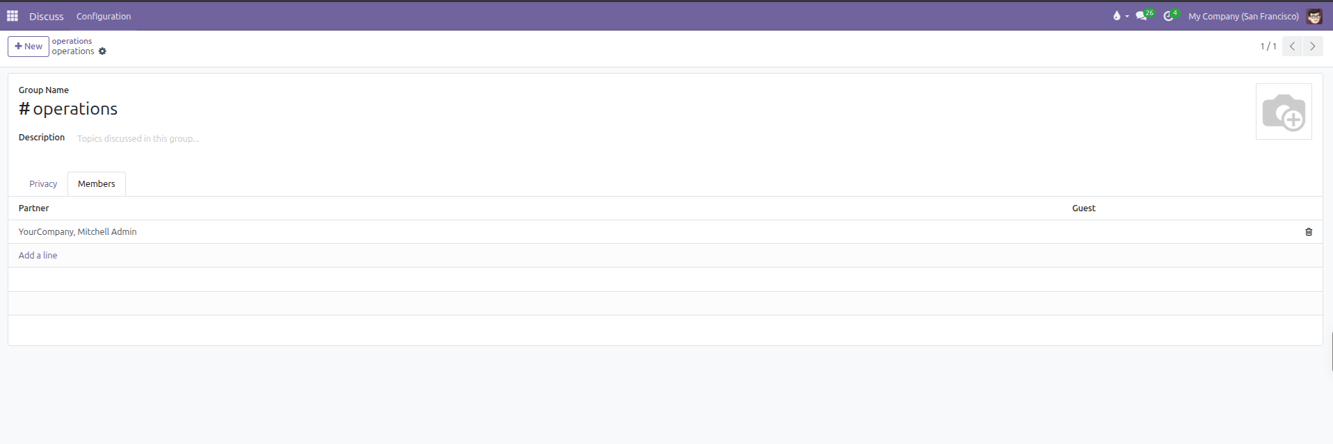 Channel configuration form showing the members tab and add a line action