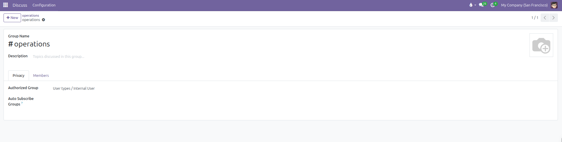 Channel configuration form showing group name and privacy access rules
