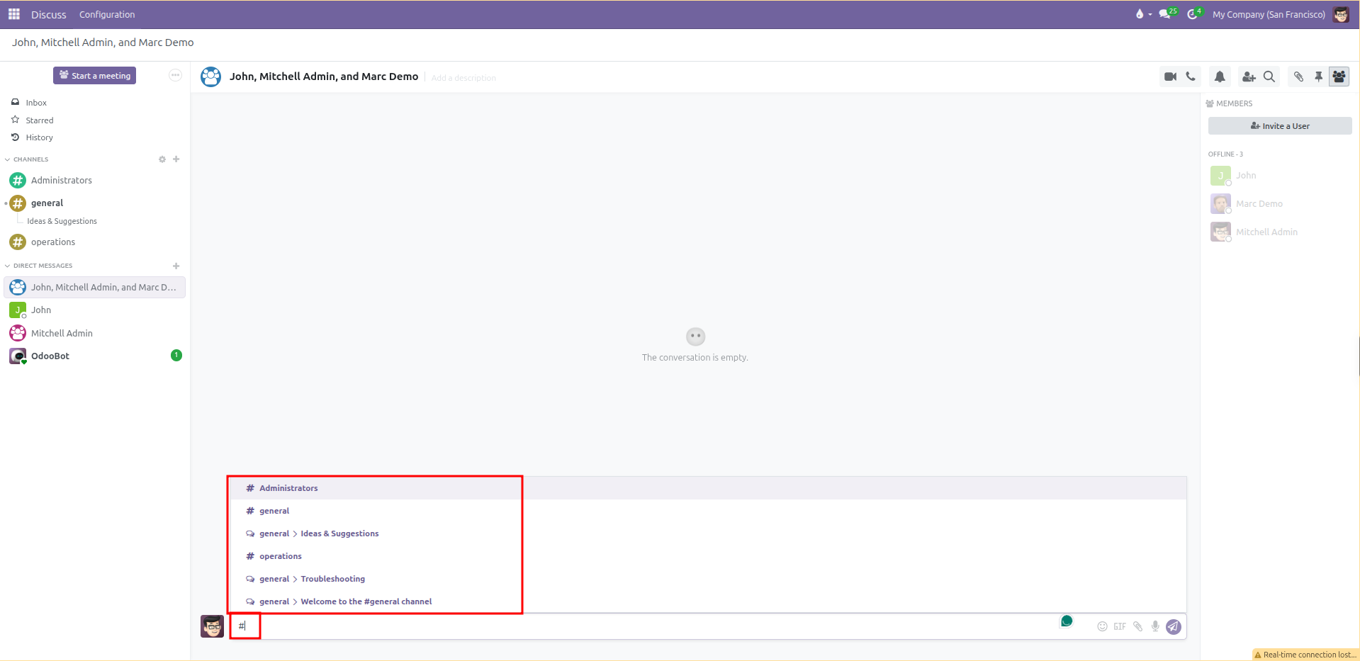 Composer showing channel link autocomplete list and right side members sidebar