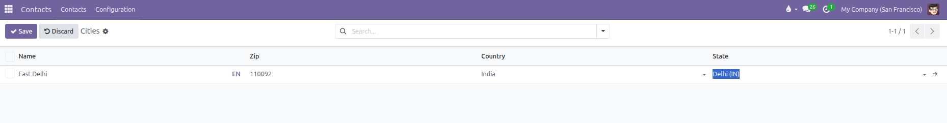 Cities list view showing inline entry of municipality name, zip, country, and state