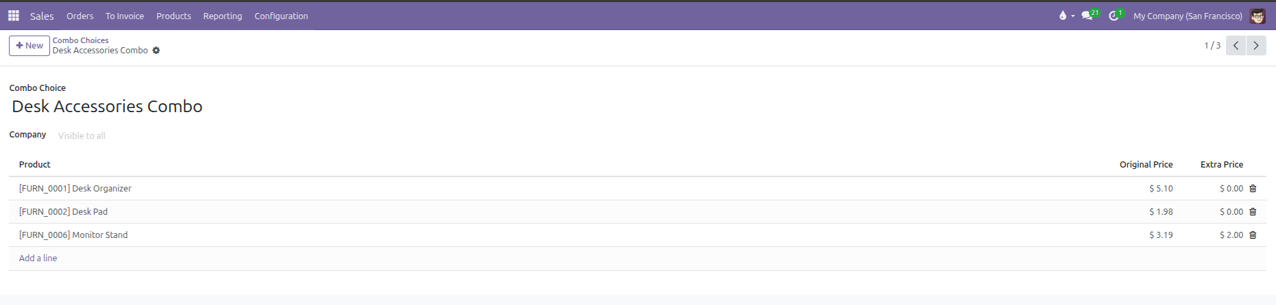 Combo Choice form view showing name, multi-company setting, and items table with products and extra prices