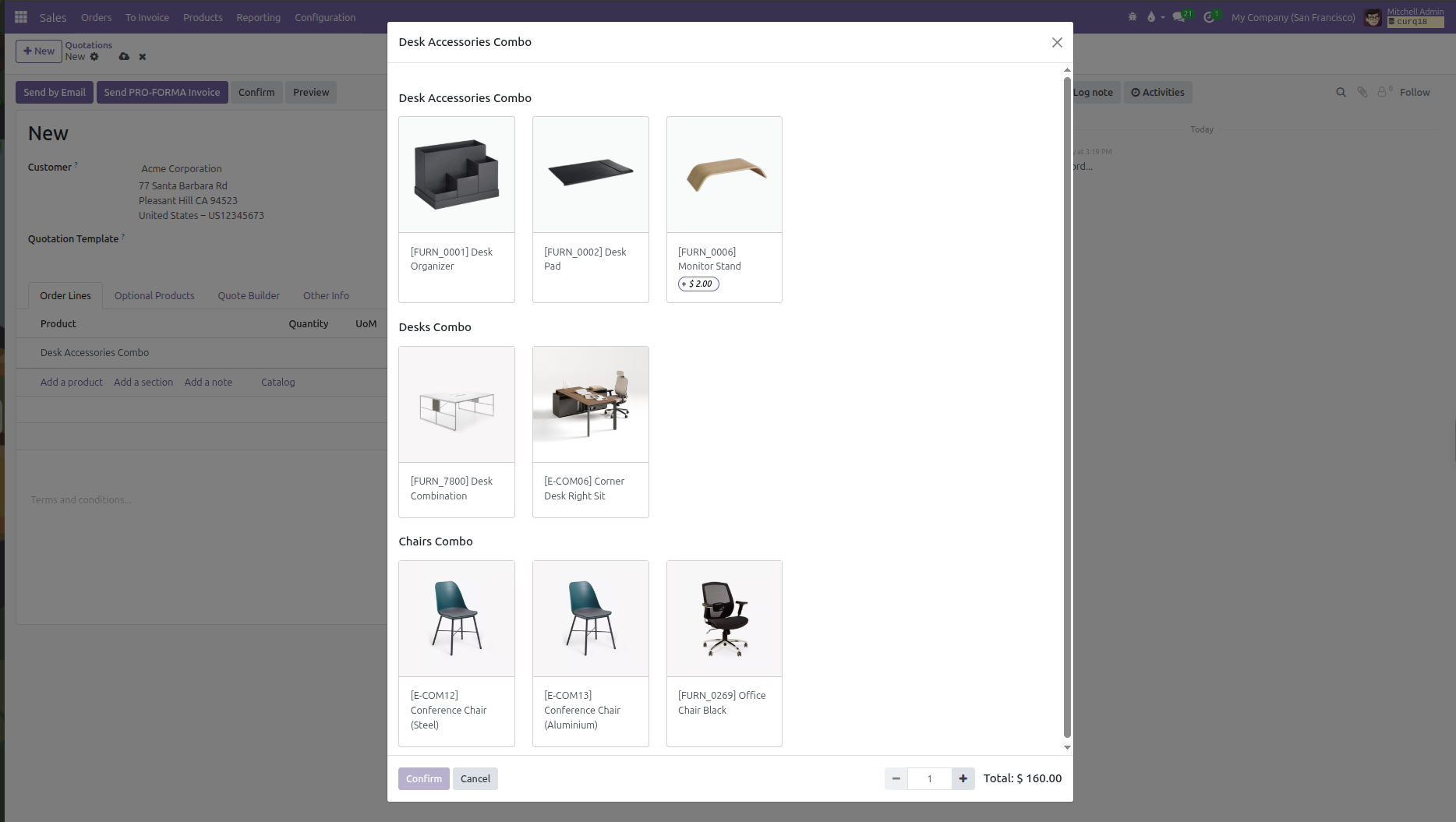 Combo Configurator modal dialog showing choice categories, selectable product cards, and extra price surcharges