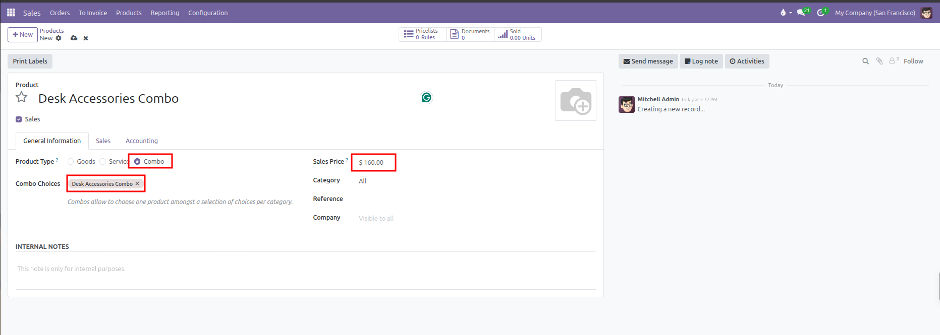 Product template form showing Product Type set to Combo, Combo Choices tags, and Sales Price
