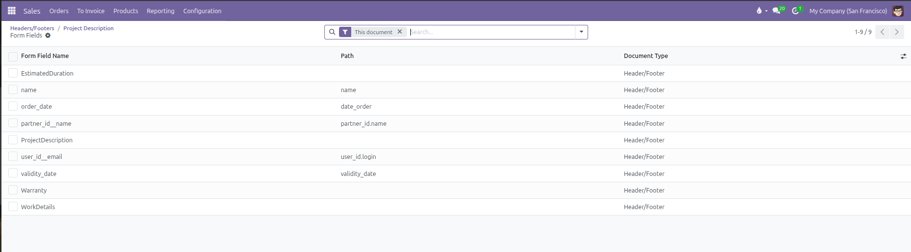 Form fields configuration showing automated field paths and blank customizable fields