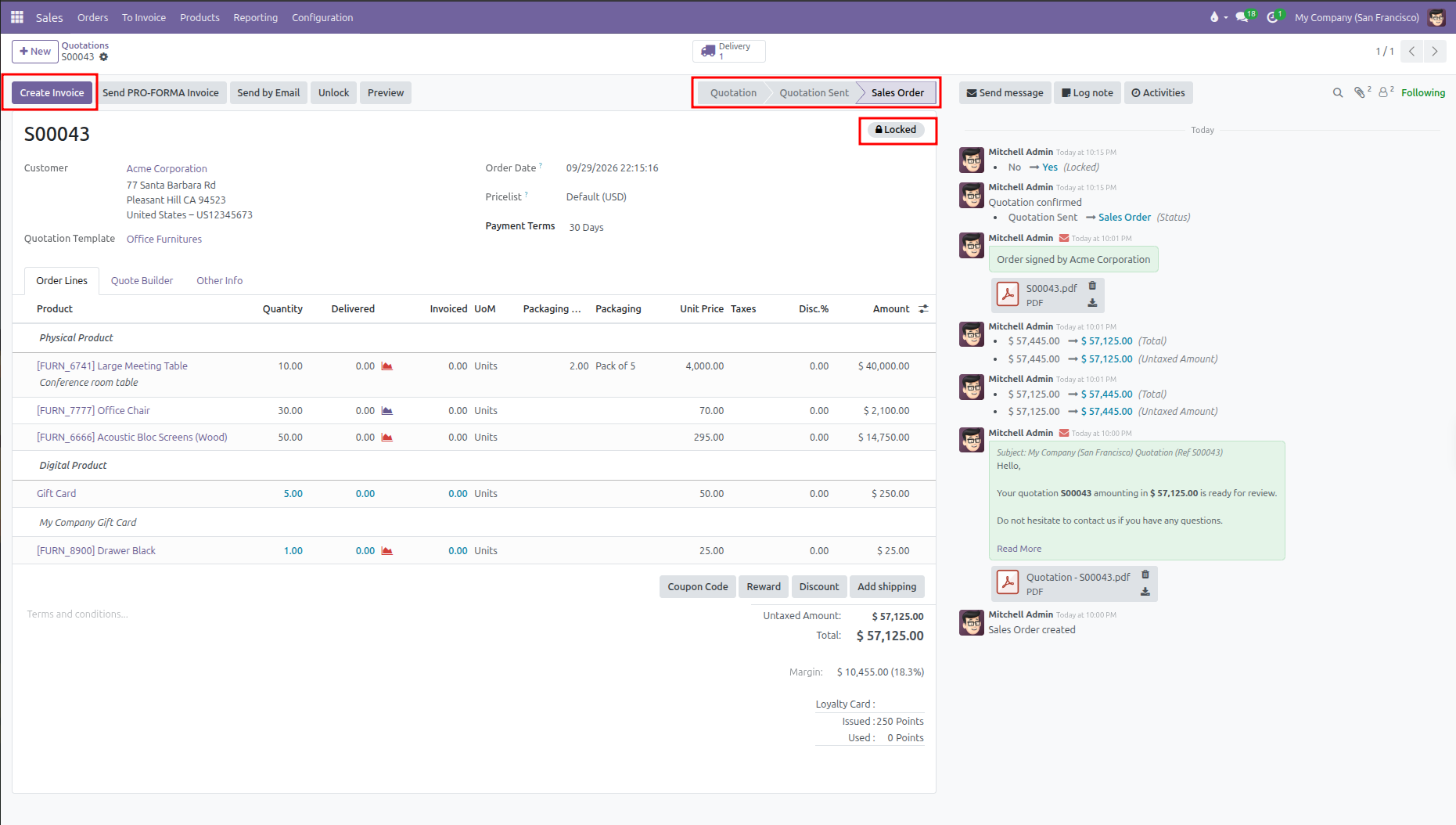 Confirmed sales order with delivery slip, invoicing action, and locked status