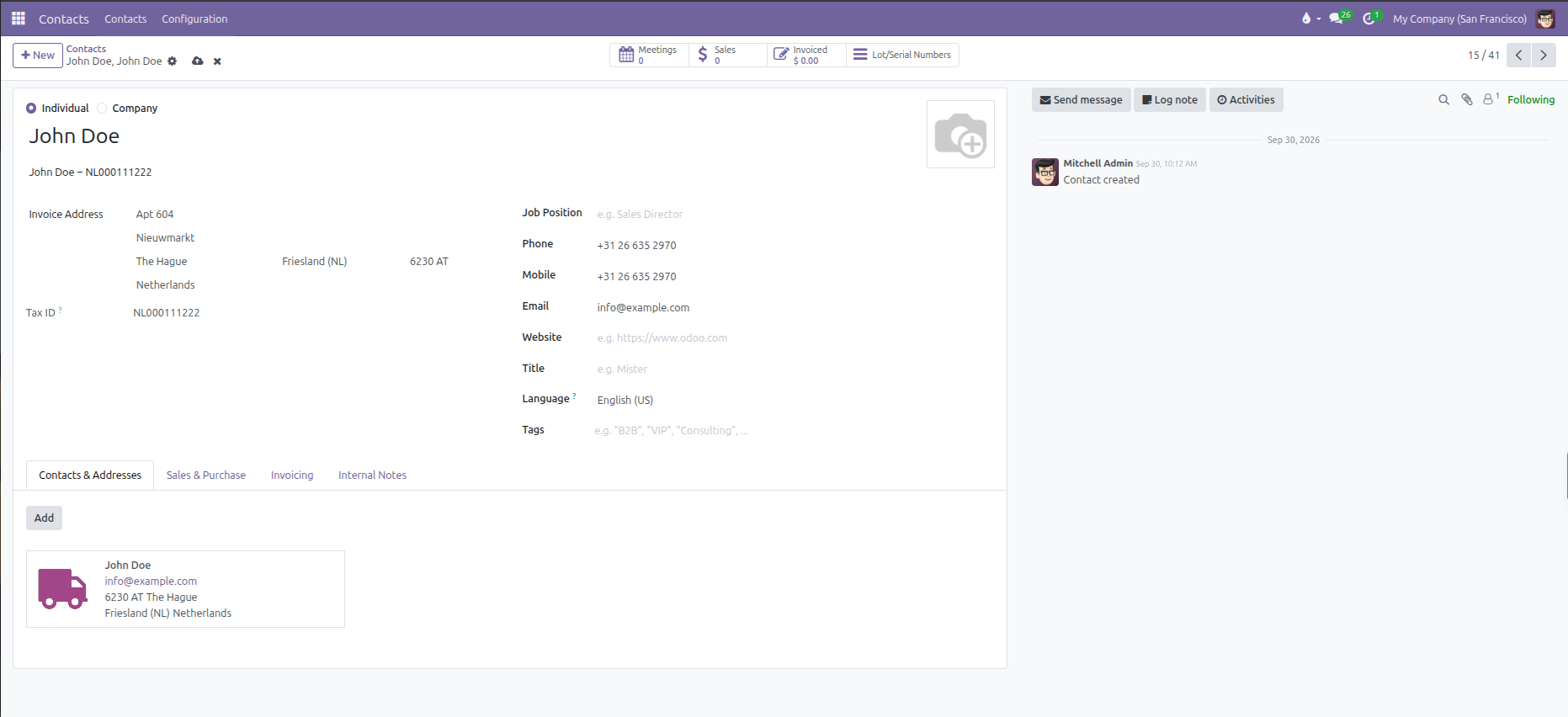 Contact form showing individual contact details