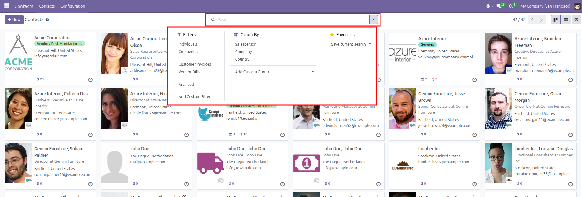 Contacts Search Filters and Group By Menu