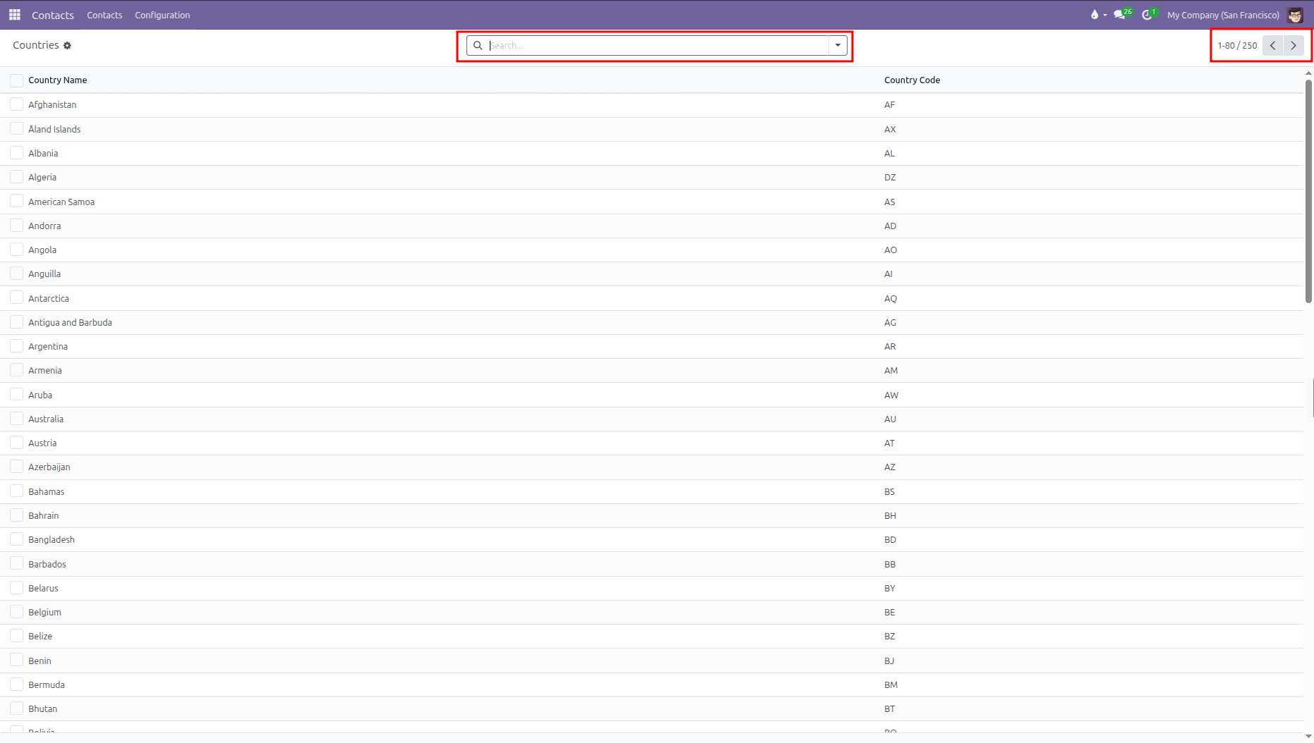 Countries list view showing standard nations and search bar