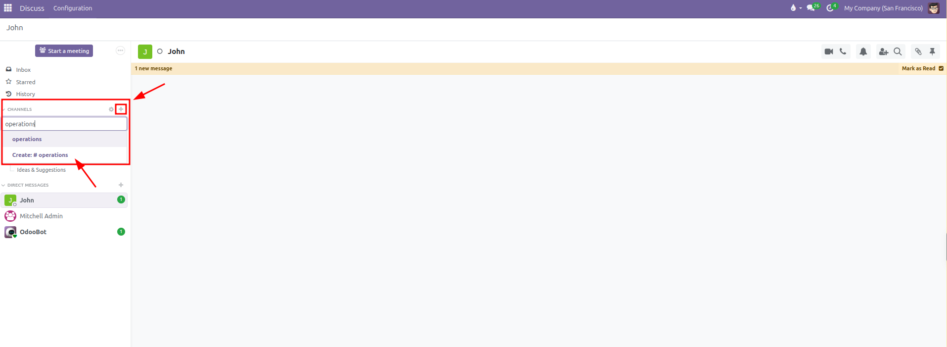 Sidebar channels section showing inline channel name entry and create button