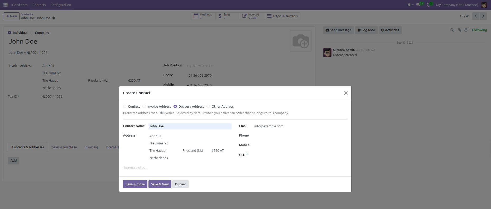 Create contact and address modal