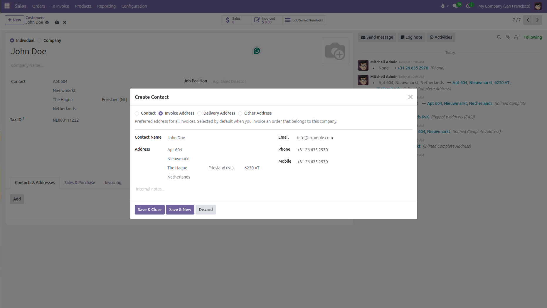 Create Contact pop up window configuring an invoice address
