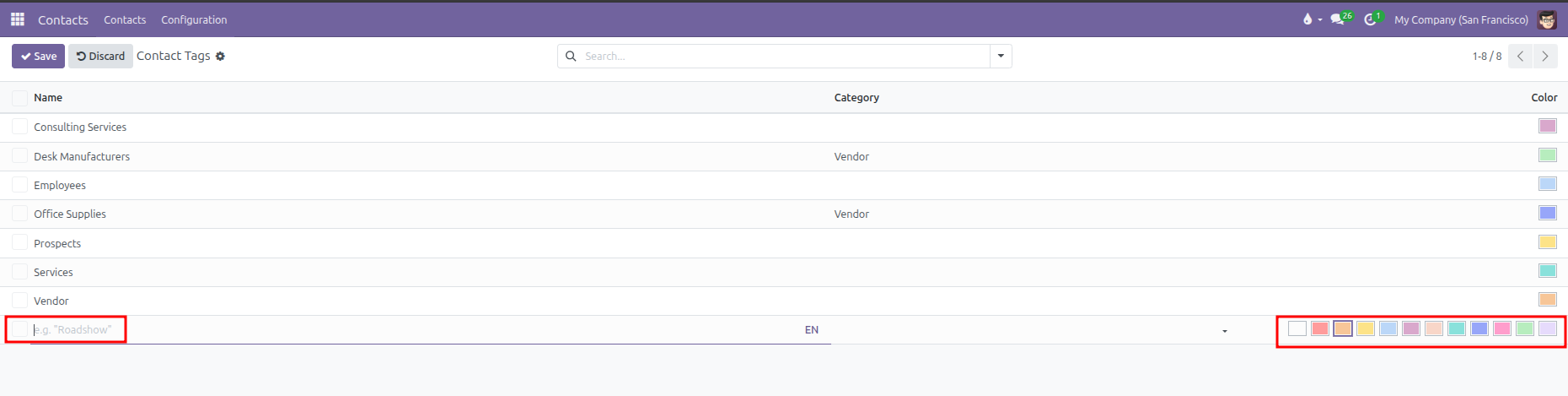 Inline contact tag creation with Tag Name and color picker palette highlighted