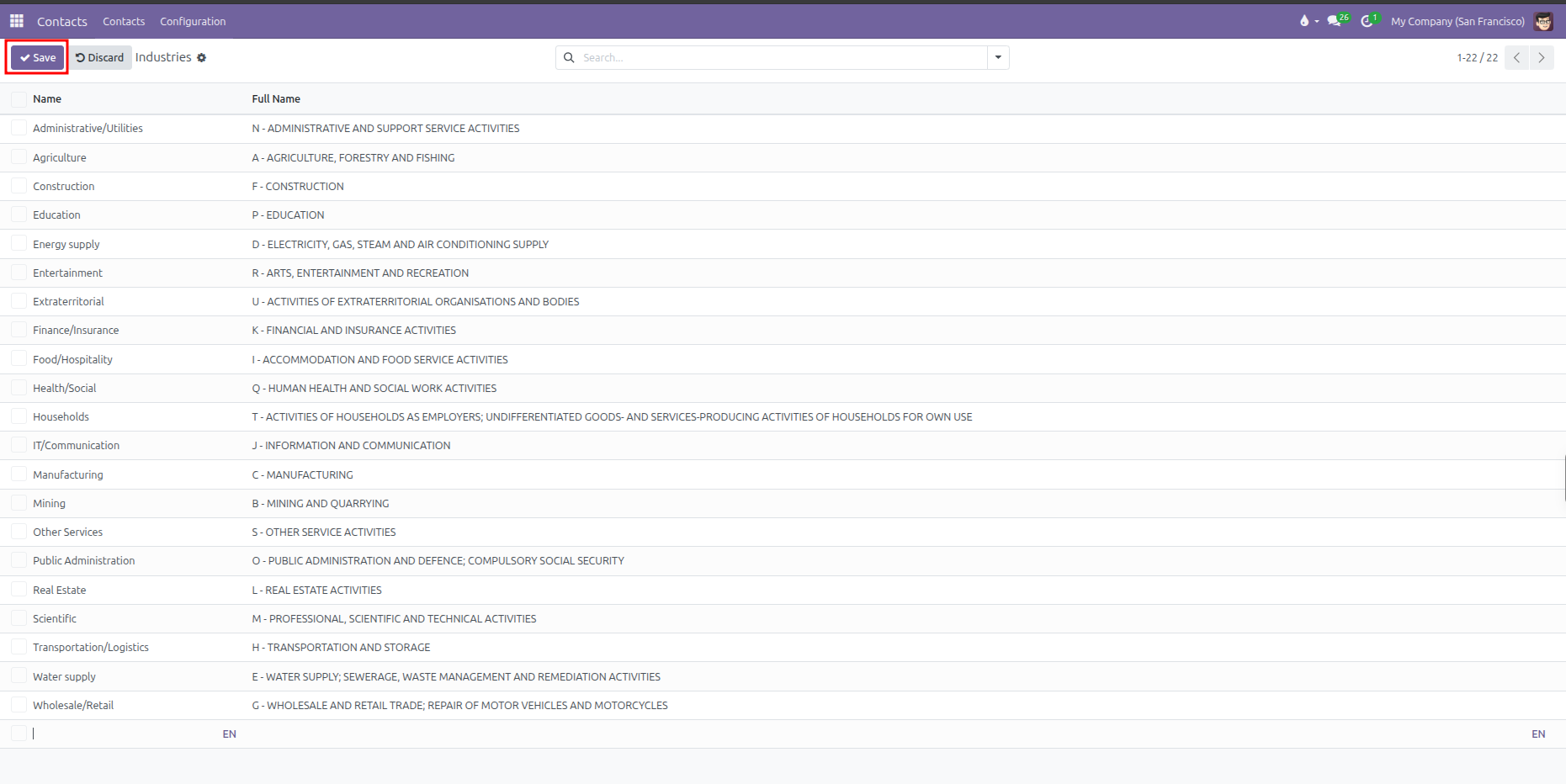 Industries list view showing inline record entry and Save button highlighted