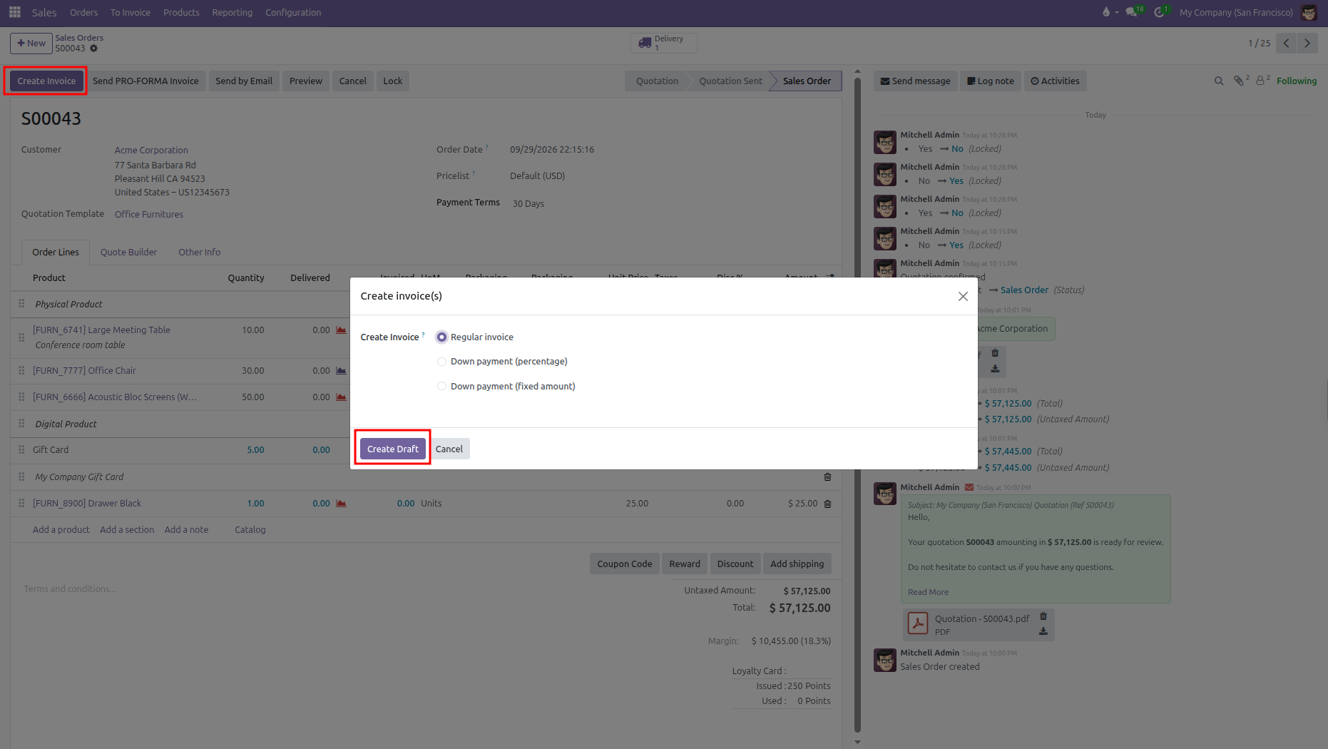 Create invoice options and create draft button