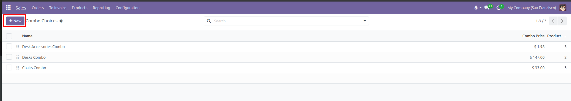 Combo Choices list view with New button highlighted