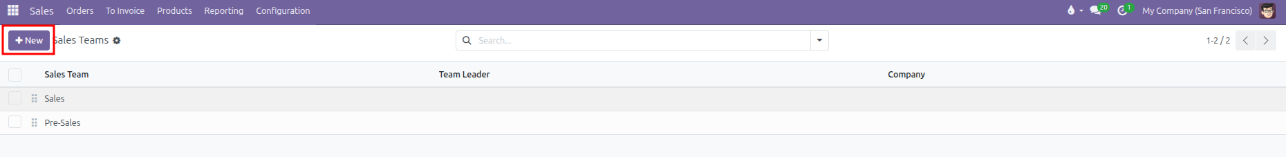 Sales Teams list with New button highlighted