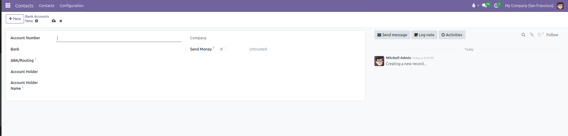 Bank Account form view showing account details and Send Money toggle
