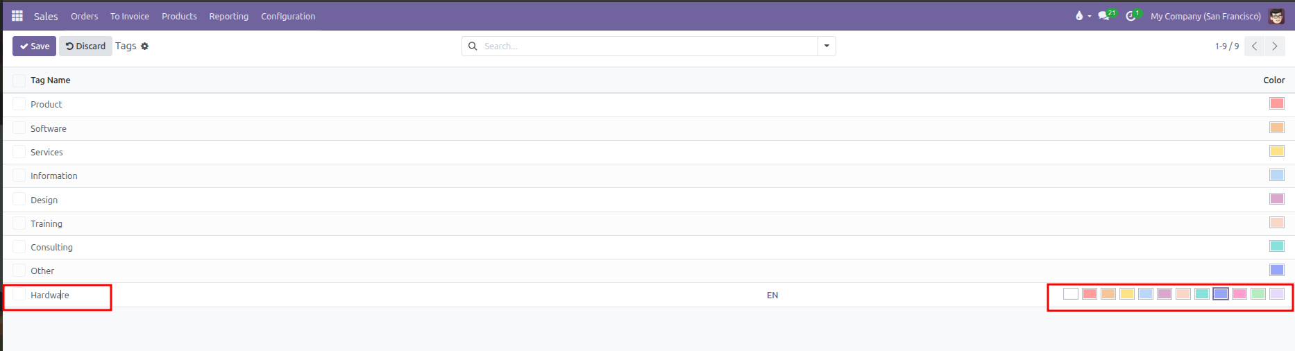 Inline tag creation showing Tag Name and color picker box highlighted