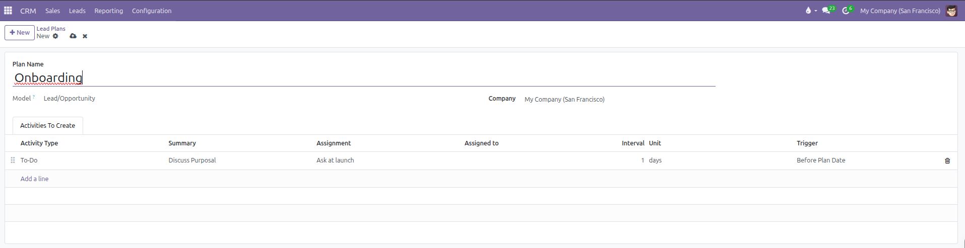 Configured Activity Plan showing Onboarding title and added step in Activities To Create