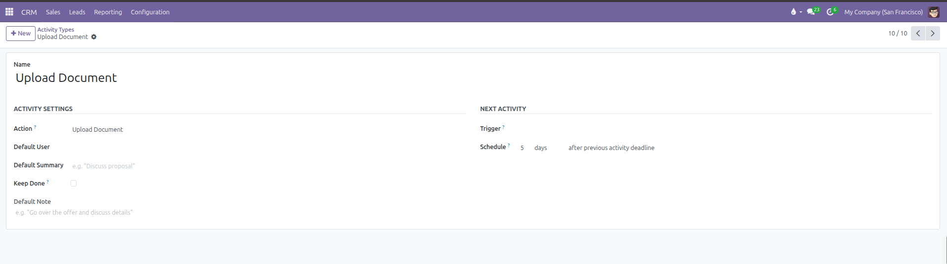 Activity Type configuration form view for Upload Document showing Activity Settings and Next Activity rules
