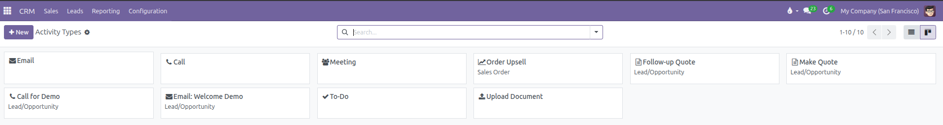 Activity Types displayed in Kanban card view showing configured task categories