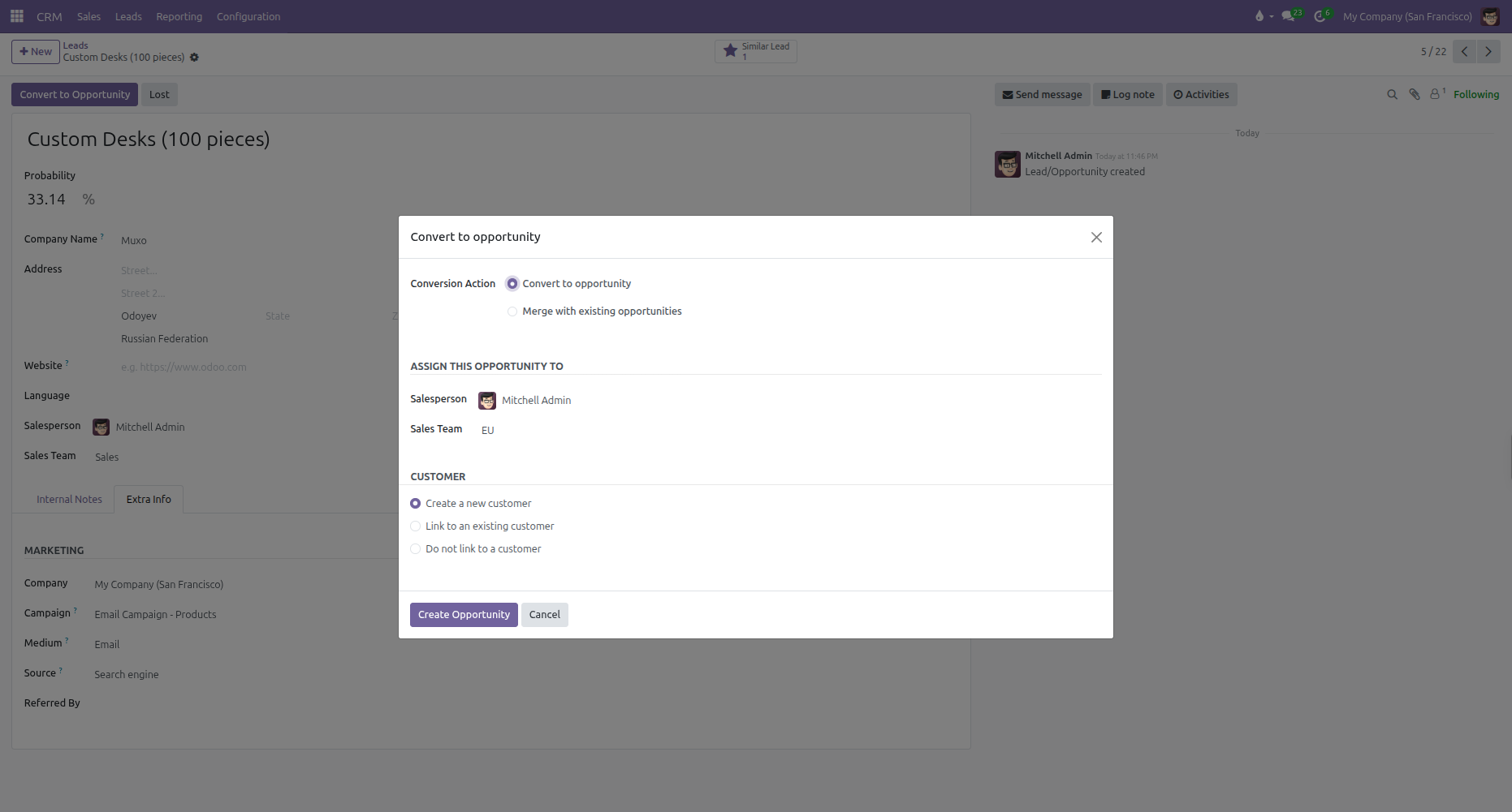 CRM Convert to opportunity modal dialog showing customer handling options