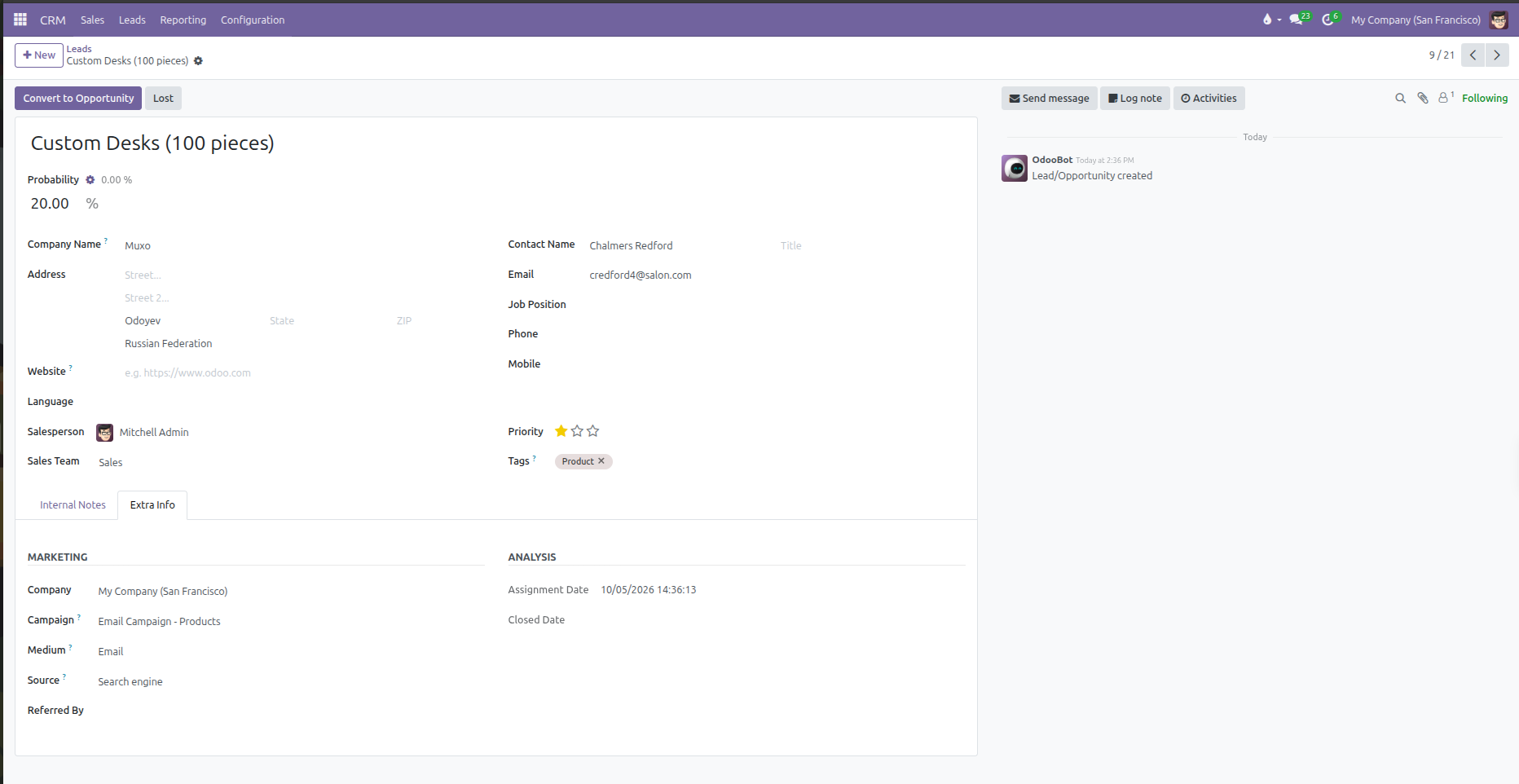 CRM Lead form showing the Extra Info tab with marketing attribution and assignment dates