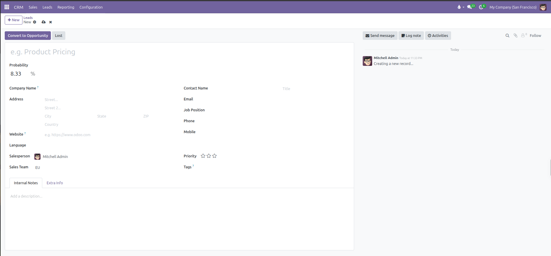 CRM Lead creation form view displaying company, contact, and assignment fields