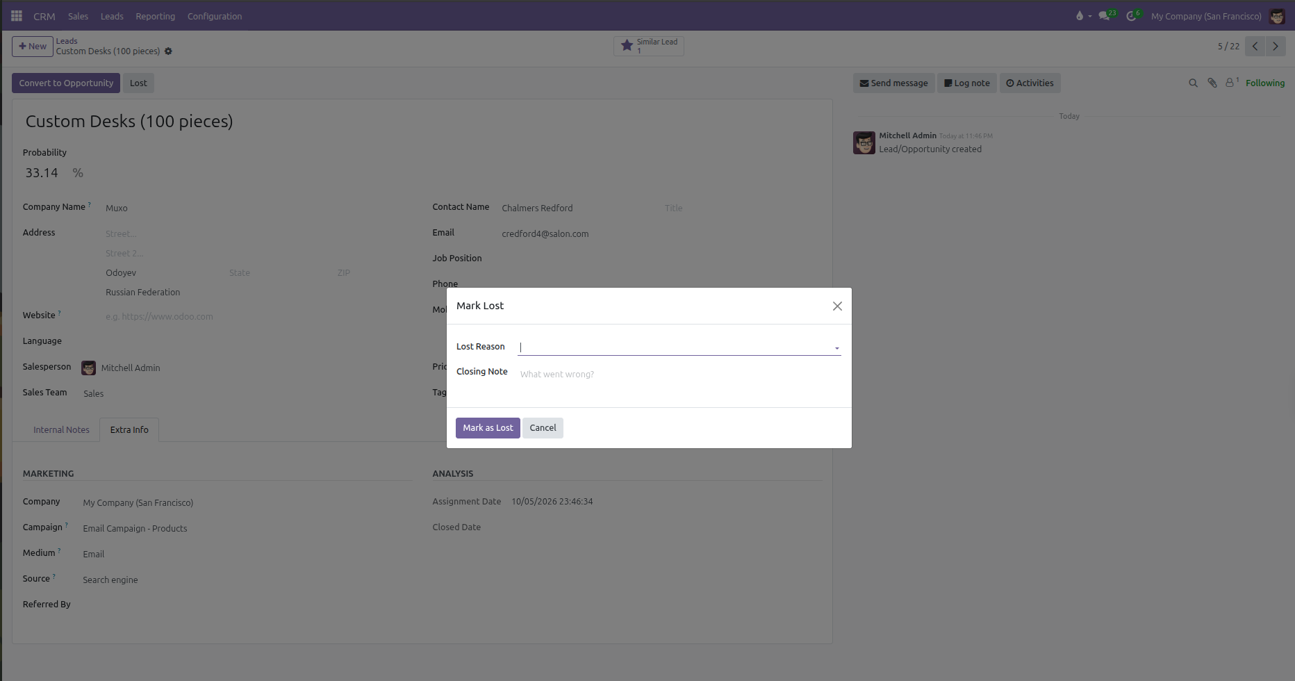 CRM Mark Lost modal dialog showing lost reason dropdown and closing note field