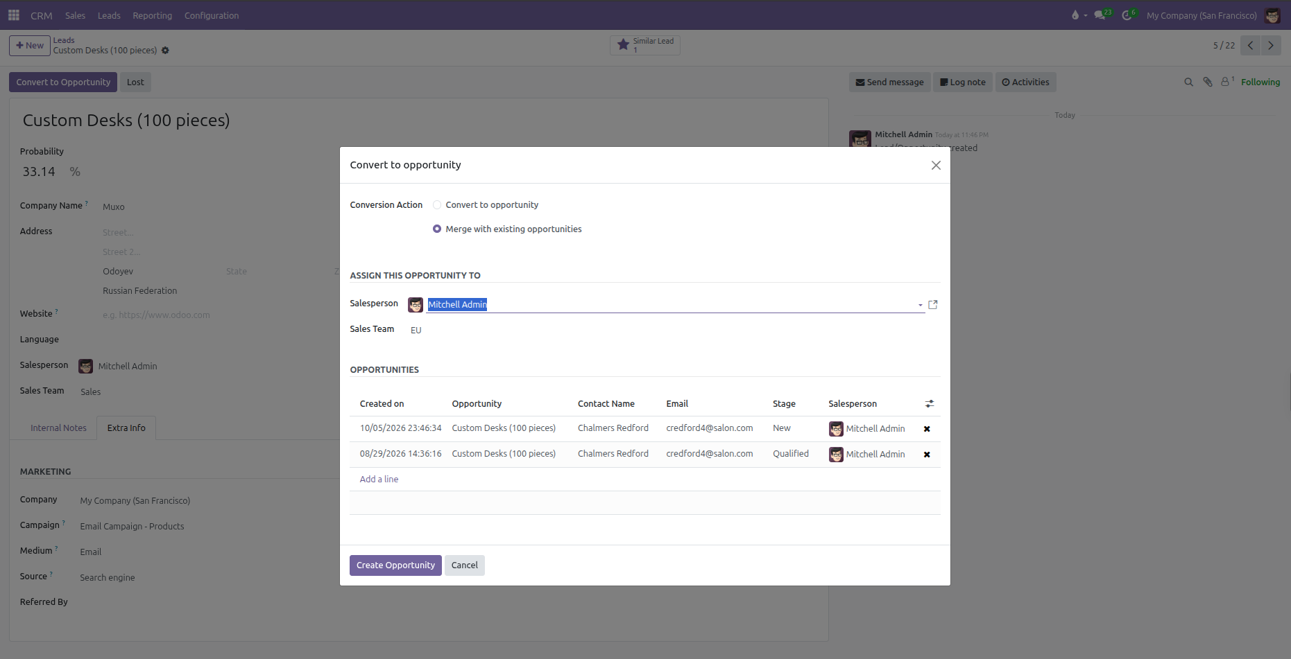 CRM Merge with existing opportunities modal dialog showing matching duplicate deals to consolidate