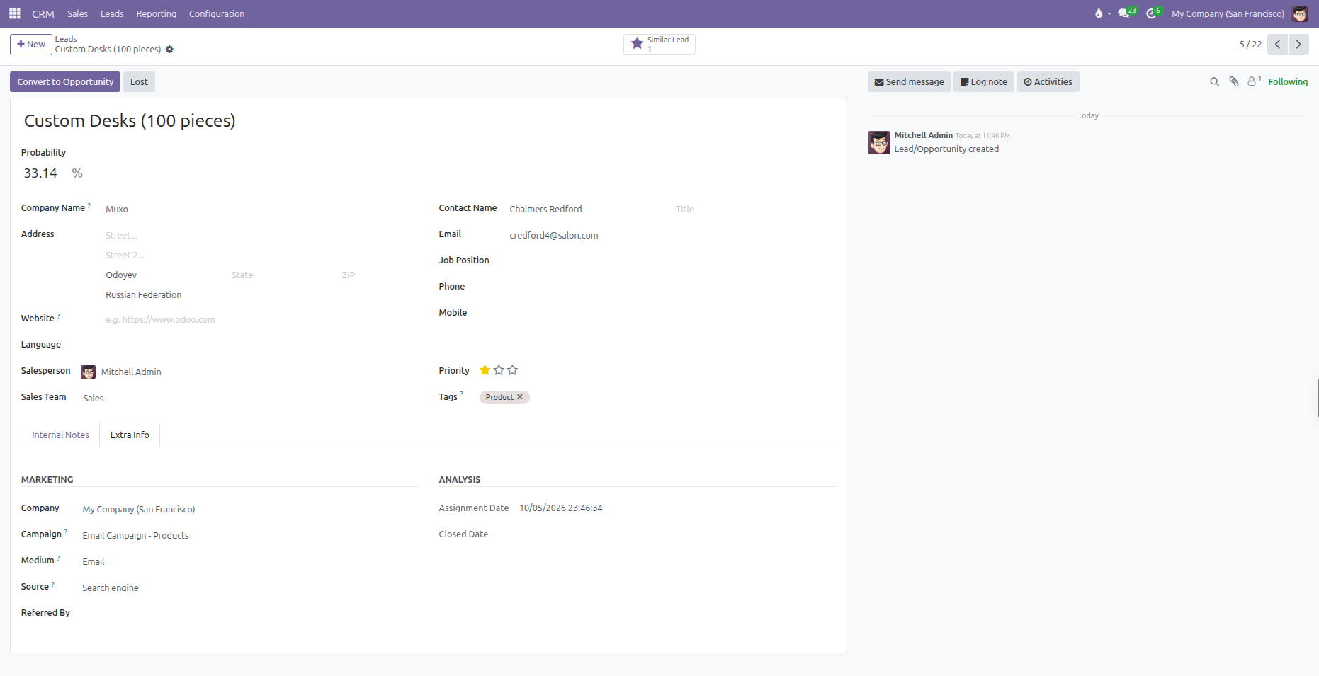 CRM Lead sheet showing the Similar Lead smart button alert