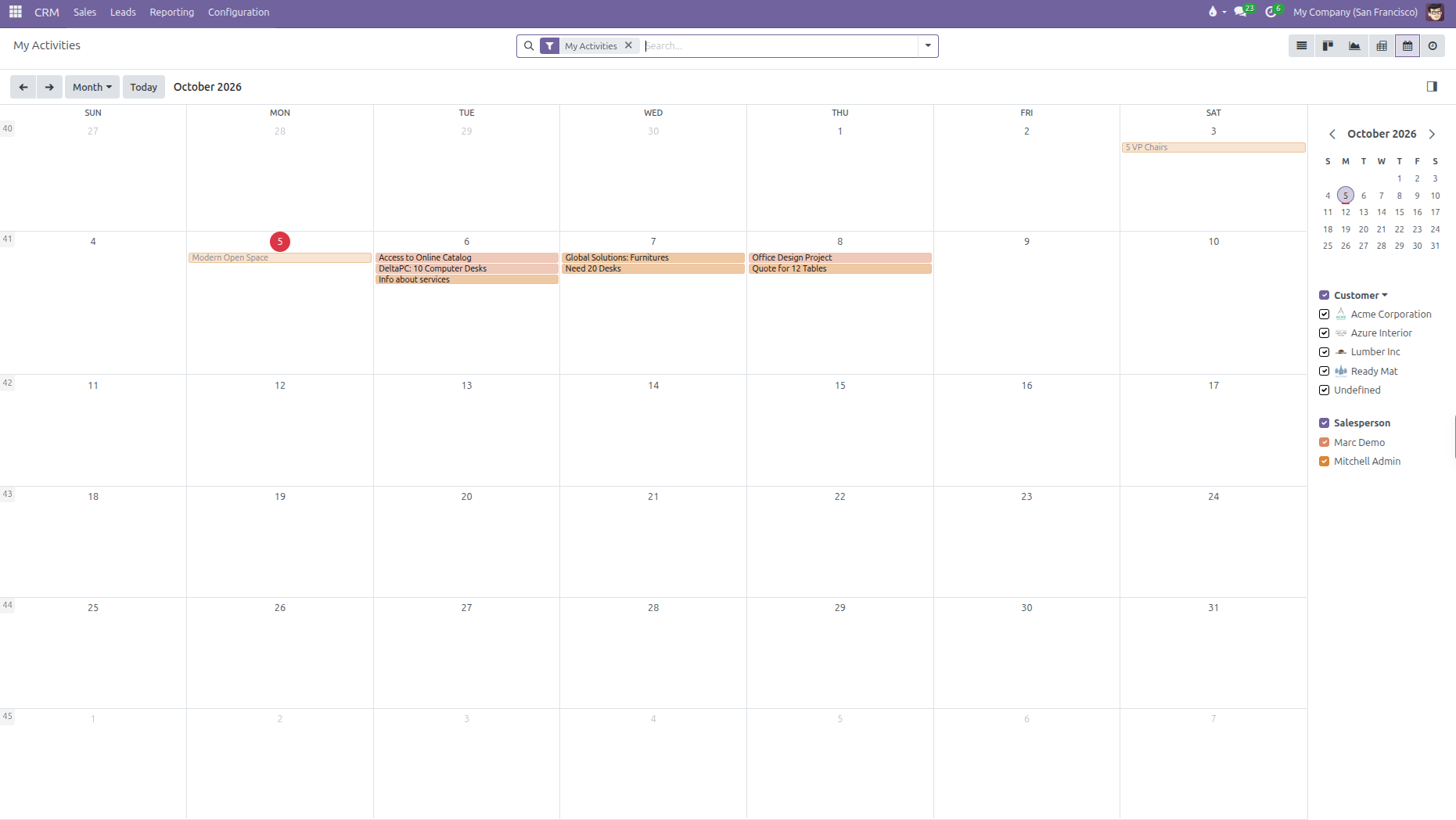 My Activities Calendar view showing scheduled deal activities on monthly grid with customer and salesperson filters