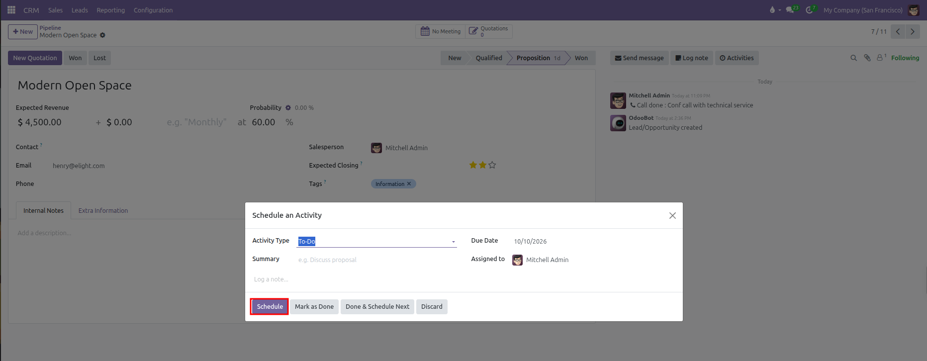 Schedule an Activity dialog opened automatically via Done & Schedule Next highlighting the Schedule button